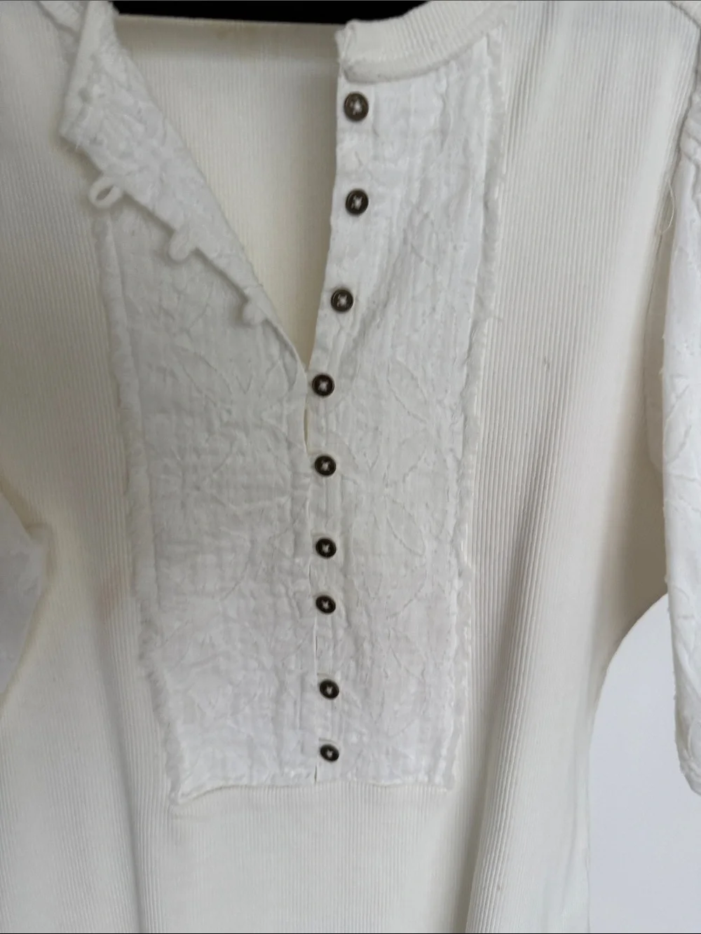 Anthropologie Ivory Textured Puff-Sleeve Henley Top